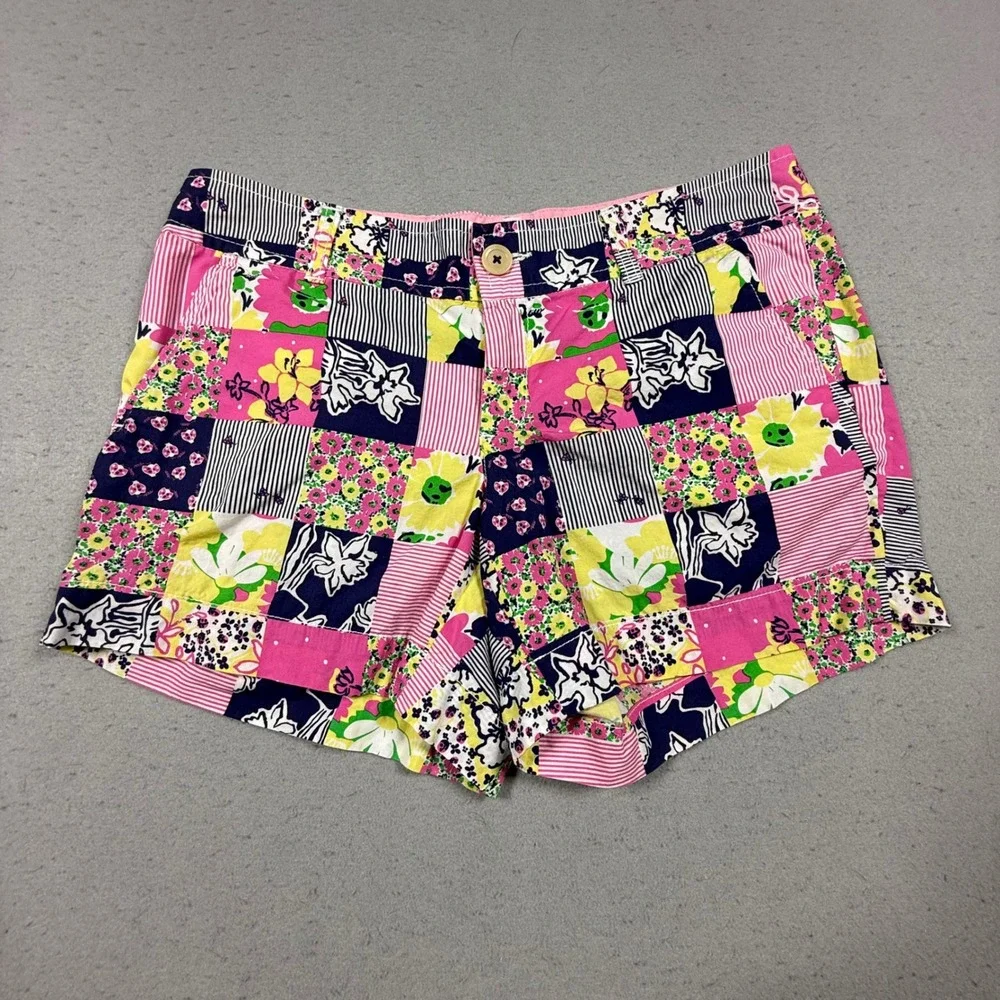 Lilly Pulitzer Patchwork Floral Striped Cotton Shorts Pink Yellow Navy Womens 8